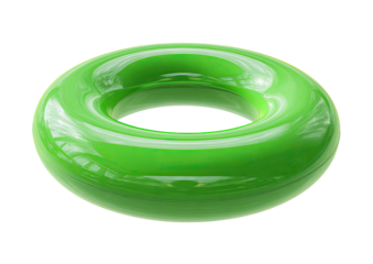 A glossy, bright green, torus-shaped object floats against a solid black background