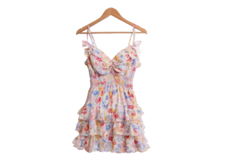 A floral mini-dress on a wooden hanger, featuring a sweetheart neckline and layered ruffles