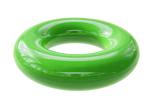 A glossy, bright green, torus-shaped object floats against a solid black background