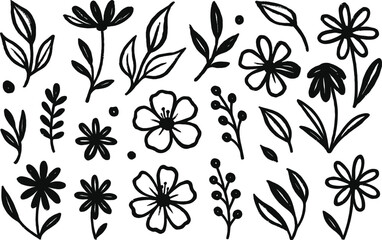 Flower brush hand drawn vector set. Hand drawn doodle flower, floral leaf elements in brush stroke ink style. Simple abstract botanical silhouette set for nature black paint art. © CreatAr8
