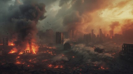 Burning cityscape: post-apocalyptic destruction