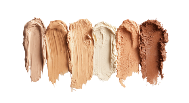 Swatches of foundation makeup shades, ranging from light to dark, smeared on a black surface
