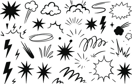 Line speed cartoon effect, boom explosive motion line element set. Comic boom burst, explosive smoke, line speed cartoon vector icon. Hand drawn sketch doodle action effect. 