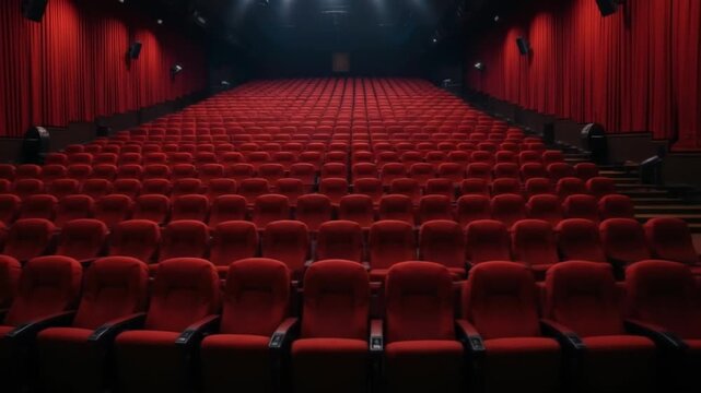 Red cinema seats are lined up in the theater, ready for the upcoming film. 4k video