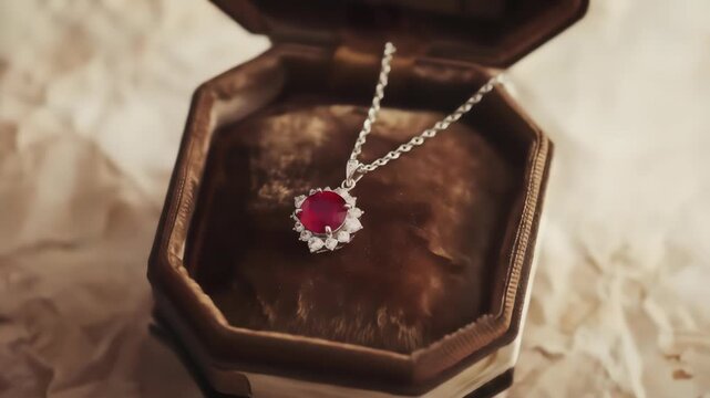 A close-up view of a stunning necklace featuring a rich red ruby gemstone surrounded by sparkling diamonds, nestled within a vintage, open velvet jewelry box on a textured parchment background.