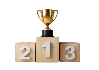 A golden trophy sits atop a podium with numbers 1, 2, and 3, on a black backdrop