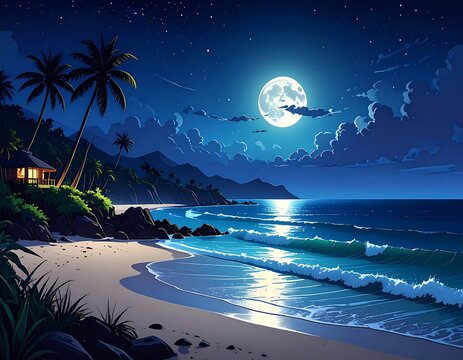 Tranquil beach scene at night, illuminated by a large full moon, with palm trees and a small house on a rocky shore