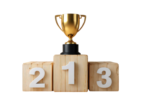 A golden trophy sits atop a podium with numbers 1, 2, and 3, on a black backdrop