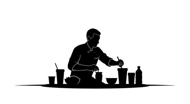 Skilled chef meticulously prepares ingredients and beverages in a modern culinary setting, showcasing dedication to food preparation and presentation for discerning palates.