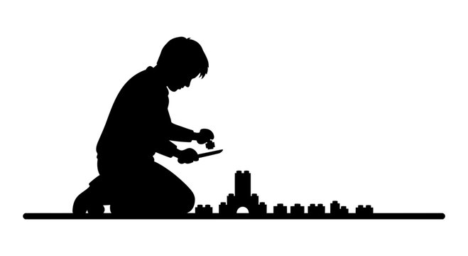 Creative silhouette of a child building a toy castle, inspiring imagination and development, perfect for educational materials and childhood themes, a nostalgic and heartwarming vector design