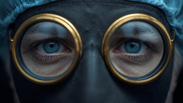 Medical professional wearing goggles and cap with intense gaze  
