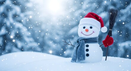 Obraz premium Snowman with red hat and broom in snowy winter landscape