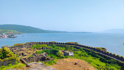 beautiful view in the south direction from the top of the janjira fort in murud in maharashtra india.