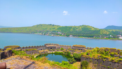 beautiful view in the east direction from the top of the janjira fort in murud in maharashtra in india.
