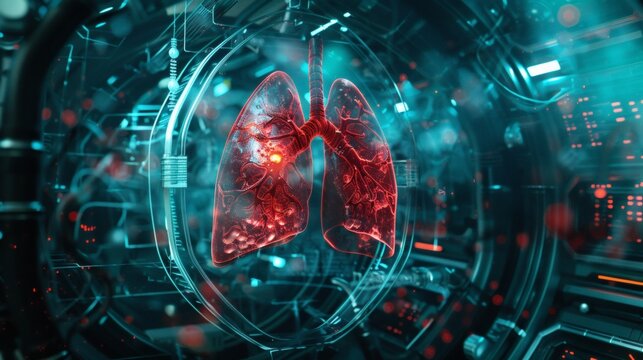 Digital rendering of human lungs displayed on a futuristic technological interface