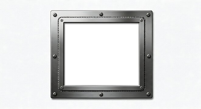Industrial-style metallic square frame with rivets and a blank white space for customization