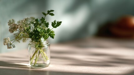 Parsley and Queen Anne's Lace in a glass jar on a beige surface with soft shadows