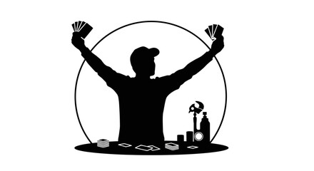 Triumphant gambler celebrates winning a hand with cards raised high, surrounded by game chips and bottles, symbolizing victory and success in a thrilling card game scenario. © Chathuranga