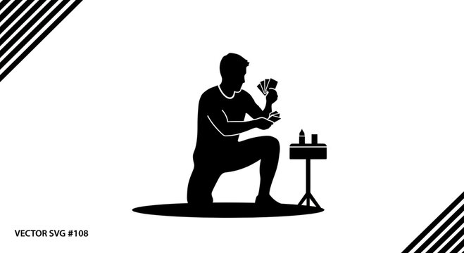 Focused individual concentrating on a card game, a moment of strategic thinking and leisure captured in a dynamic silhouette, perfect for concepts of chance and decision making