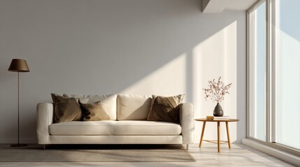 Interior view of a minimalist living room featuring a sofa lamp and side table