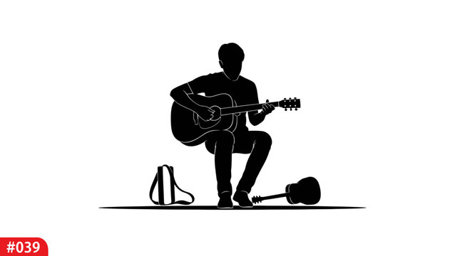 Silhouette of a young man intensely playing an acoustic guitar with a guitar bag and another guitar nearby, embodying the passion and dedication of a musician's journey.