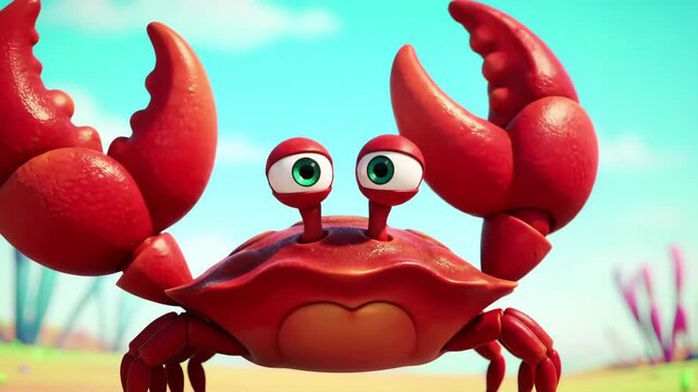Cartoon crab with open claws on beach with blue sky, for education and playful designs