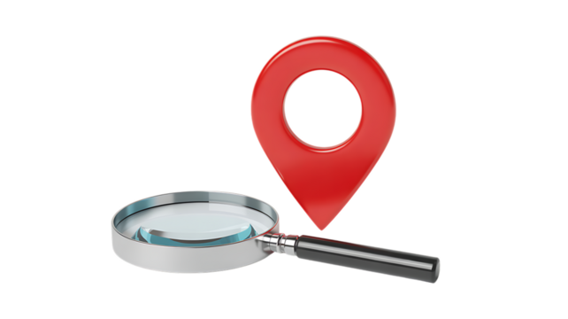Red location icon magnifying glass explore nearby