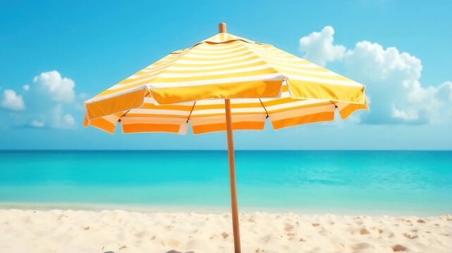 A bright yellow beach umbrella stands on a sandy shore with a clear blue ocean and fluffy white clouds in the background. Perfect for summer relaxation.