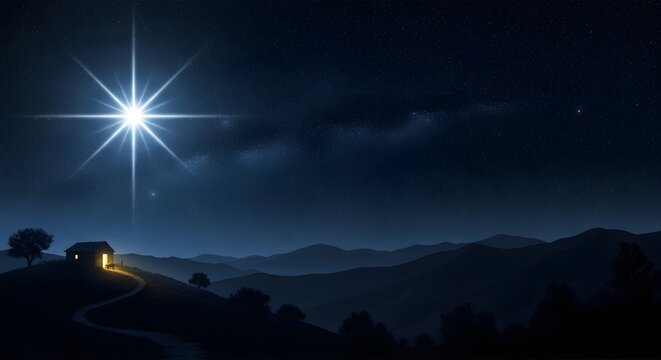 Star of bethlehem shining over a house in the night sky