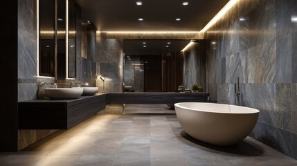 Dark modern bathroom with a white bathtub stone tiles and a large mirror and lighting features