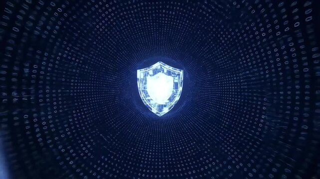 Digital Security Shield Symbol with Binary Data Flow
