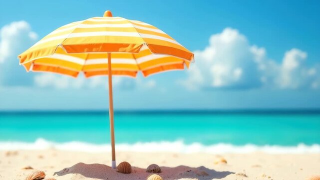 A vibrant yellow and white striped beach umbrella stands on a sandy shore. The ocean waves gently lap at the beach under a clear blue sky with fluffy clouds.