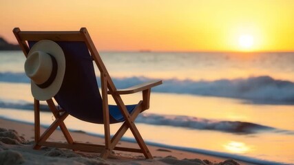 A wooden beach chair with a straw hat rests on the sand by the ocean. The sun sets on the horizon, casting warm orange and yellow hues across the sky. - Powered by Adobe