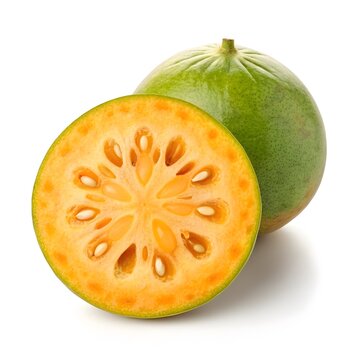 Limonia Acidissima var. Angustifolia Wild Bael Fruit Organic Tropical Charm with Rustic Earth Hues and Naturally Textured Skin Evoking Fresh Authentic Beauty on White Background