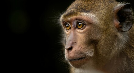 Fototapeta premium Close-up of a macaque monkey with expressive eyes and detailed fur. The background is dark, highlighting the monkey's features and natural beauty.