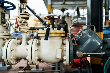 Fototapeta premium Industrial piping and valve system for gas and petroleum transfer.