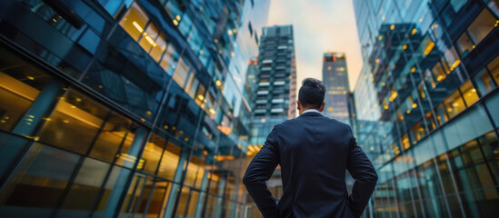 Vision of the Future: An urban scene with a business person standing, gazing upwards with hope. The towering modern buildings, reflecting the city lights.