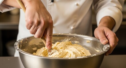 A chef's hands mixing ingredients in a stainless steel bowl.