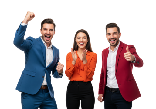 Happy business team cheer together isolated on white or transparent background