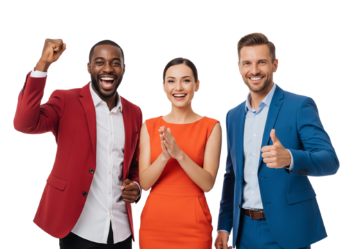 Happy business team cheer together isolated on white or transparent background