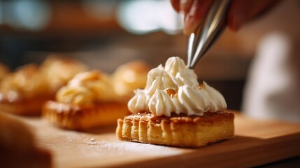 Pastry chef decorating a rectangular tart with whipped cream from a piping bag on a wooden board