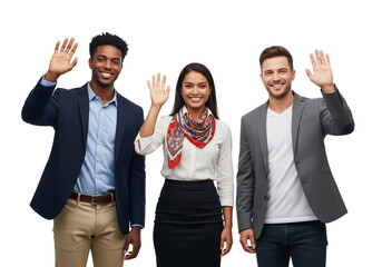 Happy business team waving hands isolated on white or transparent background