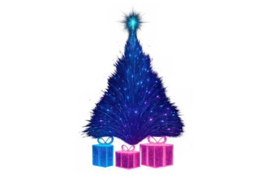Glowing christmas tree celebrating holiday season with festive presents, vibrant blue and pink colors on transparent background