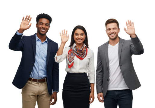 Happy business team waving hands isolated on white or transparent background - Powered by Adobe