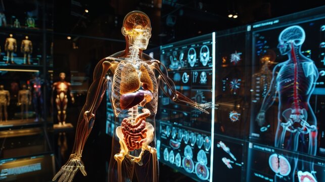 Transparent human anatomy model with internal organs and skeleton displayed against a futuristic medical interface
