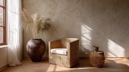 Wicker chair with a white cushion sits next to a large vase with pampas grass and a small table