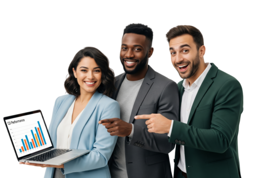 Happy business team working on laptop isolated on white or transparent background - Powered by Adobe