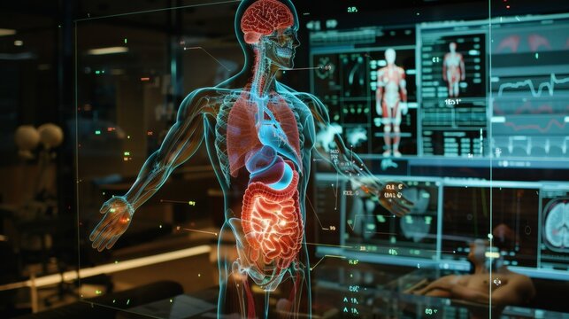 Human body internal organs with medical technology interface