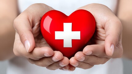 A pair of hands gently cradles a vibrant red heart with a white cross, symbolizing care, compassion, and health. Ideal for concepts related to medical, love, and support themes.