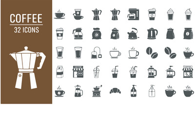 Detailed vector coffee shop and beverage icon collection for menu design or application interface
